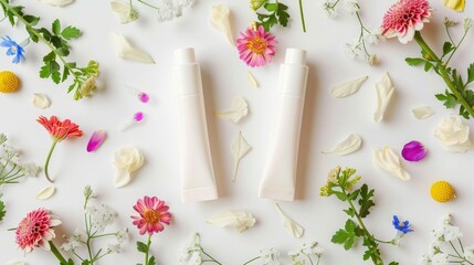 Wall Mural - Empty cream tubes on a white background with floral arrangement