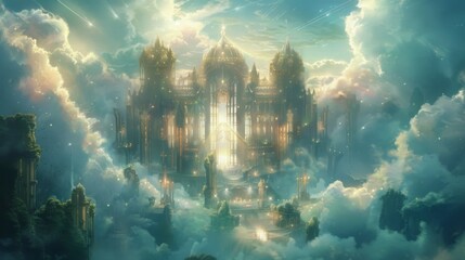 Poster - A majestic golden palace sits on a cloud bank, bathed in sunlight. It features tall spires and ornate windows, and is surrounded by a sea of white and blue clouds.