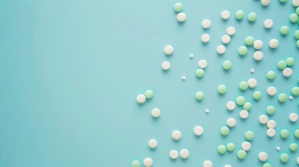 Wall Mural - White and green medication on blue backdrop used for treating different illnesses Medicine and healthcare idea portrayed in flat lay with space for text