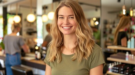 Wall Mural - A blonde woman smiles while standing in front of a cafe. Generate AI image