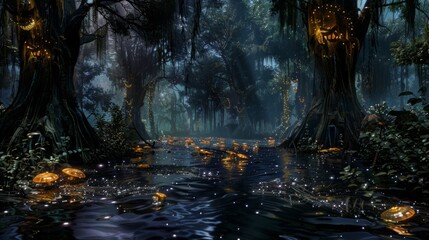 Aufkleber - A river flows through a dense, magical forest at night, illuminated by glowing lights in the trees and on the water's surface.