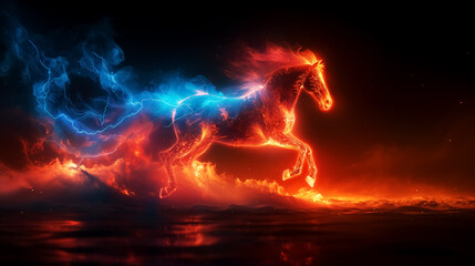 Wall Mural - fantasy fire horse running in the dark, abstract stallion with flames and lightning, majestic blaze pattern. Design for Wall Art, Poster Print, Wallpaper & Background