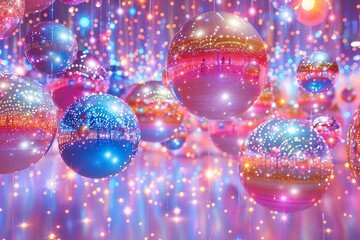 Radiant spheres with glowing lights and vibrant colors in a festive setting.