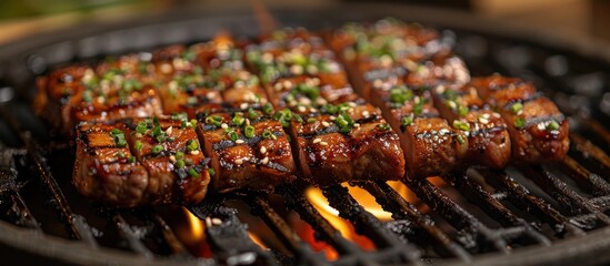 Canvas Print - Grilled Meat with Sesame Seeds and Green Onions