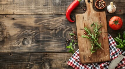 Wall Mural - food recipe concept with cutting board on wooden table background viewed from top