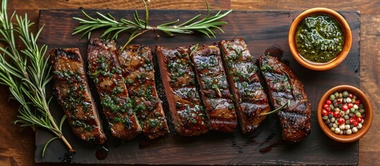 Sticker - Grilled Steak with Rosemary and Herbs on Wooden Board