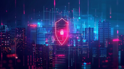 Wall Mural - Futuristic digital shield with cyber security symbols and technology network connection