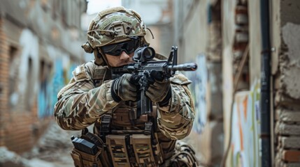 Delta Force operative in urban camo gear readying his weapon for an assault