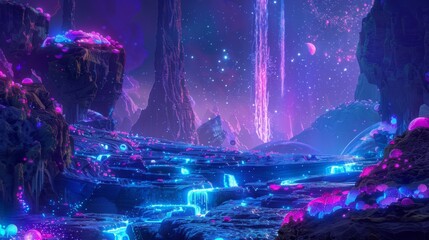 Aufkleber - A digital art piece depicting an alien landscape with waterfalls that glow blue and pink. The scene is set against a dark sky with many stars.