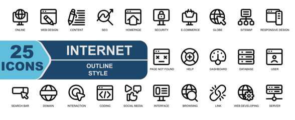 icon set internet.thick outline style.contains connection,networking,online,internet,web design,cont