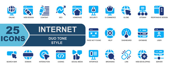 25 icons internet.style duo tone.contains eo, homepage, security, ecommerce, globe, cursor, sitemap, responsive design, page not found, help, service.
