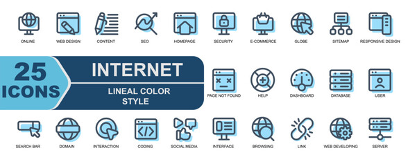 internet icon collection.lineal color style.contains dashboard,database,user,account,search bar,domain,interaction,coding,developing.
