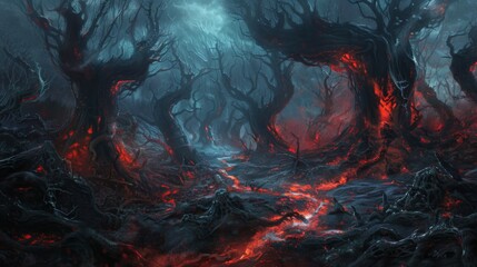 Poster - A winding path through a dense forest at night, with dark, gnarled trees glowing with an eerie red light.