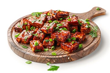 Board and plate of tasty Tempeh with on white background.