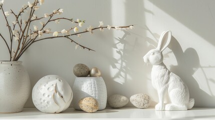 Canvas Print - Minimal Easter decoration with white bunny statuette and willow branch on light backdrop