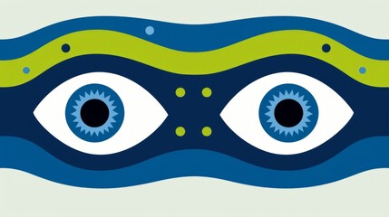 Wall Mural - Two large, stylized blue eyes with white sclera and black pupils, set against a background of wavy blue and green lines