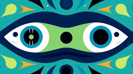 Abstract digital artwork featuring two large eyes in a green, blue, and black color scheme