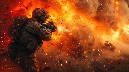 Wall Mural - Intense Military Combat Scene with Soldier and Tank Amidst Explosions and Fire in Battlefield