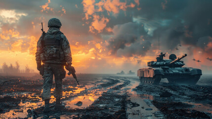 Soldier Standing in Muddy Battlefield at Sunset with Tanks and Helicopters in the Background