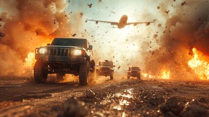 Wall Mural - Intense Military Scene with Explosions, Armored Vehicles, and Aircraft in Action During Combat Operation