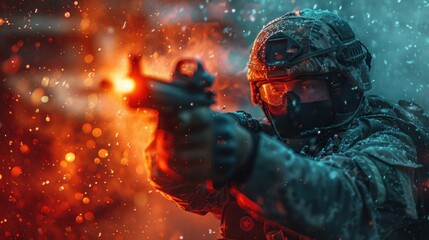 Intense Military Combat Scene with Soldier Firing Weapon Amidst Explosions and Sparks in Battlefield