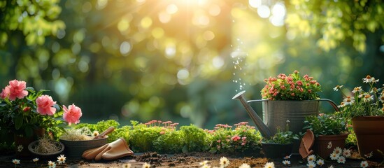 Canvas Print - Gardening Tools and Flowers in a Sunny Garden