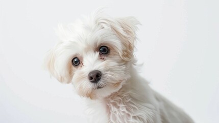 Poster - 6 month old Bolognese puppy poses against white backdrop