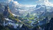© Prostock-studio - A fantasy landscape featuring towering mountains, winding rivers, and numerous waterfalls. Fluffy clouds fill the sky, with the sun shining brightly in the background.