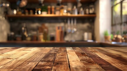 Sticker - Blurred kitchen background with wooden table top for product display or design layout