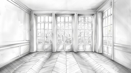 Empty white interior with parquet floor and three panoramic windows, hand drawing custom architecture design, white ink sketch, blueprint showing classic kitchen 