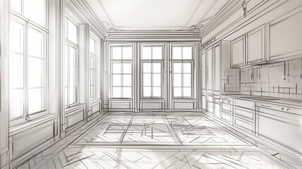 Empty white interior with parquet floor and three panoramic windows, hand drawing custom architecture design, white ink sketch, blueprint showing classic kitchen 