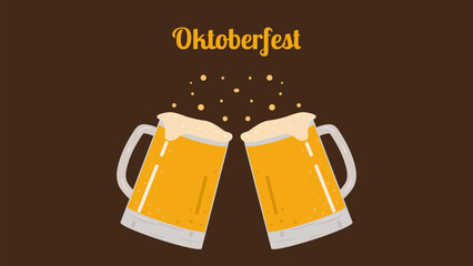 Oktoberfest annual beer festival in Germany banner. Popular cultural event in world. Mugs with beer. Second half of September beginning of October. Poster invitation template. Vector illustration.