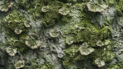 Wall Mural - A textured close-up image of green moss and light grey fungi growing on a rough, grey rock