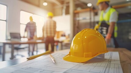 Engineer meeting for an architectural project. working with partner and engineering tools working on blueprint architectural project at the construction site at desk in the office.