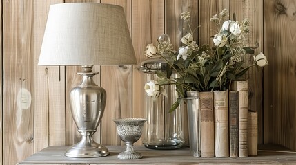 Wall Mural - A rustic table lamp with an antique silver finish. Generate AI image