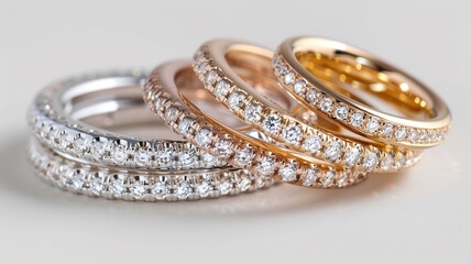 Diamond stacked rings group on white background, white gold, yellow gold, rose gold