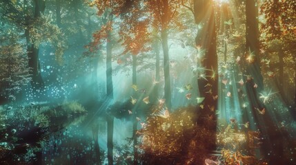 Aufkleber - Sunlight streams through the trees of an enchanted forest, illuminating a mystical stream. The air is filled with a light mist and glowing particles, creating a magical atmosphere.