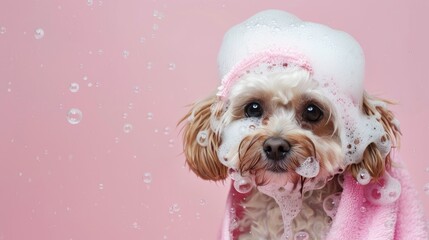 Canvas Print - Adorable Maltipoo with bubbles and towel on pink backdrop room for text Adorable companion