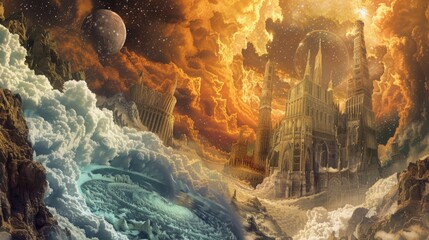 Poster - A fantastical city with tall towers, intricate architecture, and a golden sky filled with clouds. A large, red planet hangs in the distance, adding to the surreal scene.