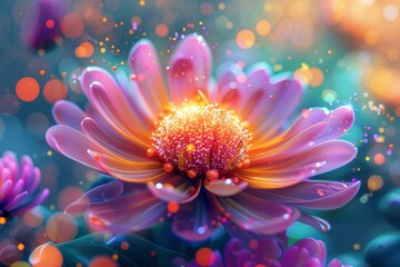 Sticker - Glowing neon flower with vibrant colors and abstract patterns in a digital surreal scene.