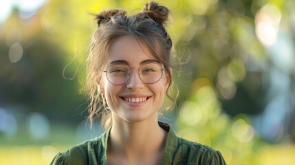 Poster - A young woman with glasses and a green shirt is smiling. Generate AI image