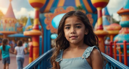 Poster - hispanic kid girl in theme park background banner photo design with copy space