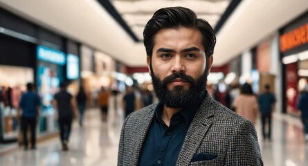 Poster - bearded guy in mall department store background banner photo design with copy space