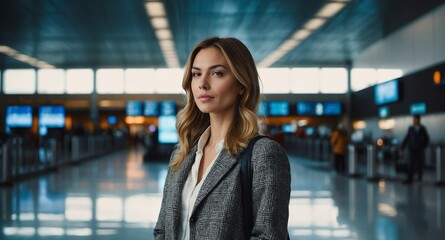 Poster - caucasian woman in airport waiting area background banner photo design with copy space