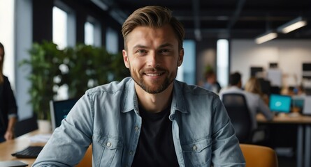 Poster - caucasian guy working in startup office background banner photo design with copy space