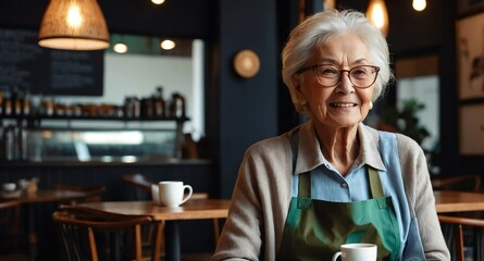 Poster - elderly woman working in cafe restaurant background banner photo design with copy space