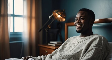 Poster - happy african guy hospital room background banner photo design with copy space