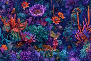 Canvas Print - Glowing neon coral reef with vibrant colors and psychedelic patterns in an underwater scene.