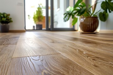 Close-up view of a newly installed wooden laminate flooring with detailed floorboards.