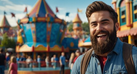 Poster - happy bearded guy in theme park background banner photo design with copy space